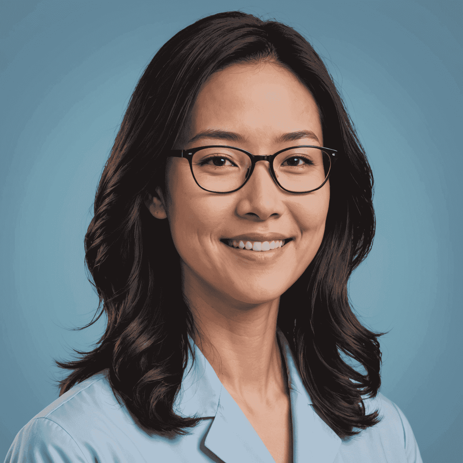 Portrait of Dr. Emily Chen, a sleep specialist with shoulder-length black hair, wearing glasses and a warm smile, against a soft blue background