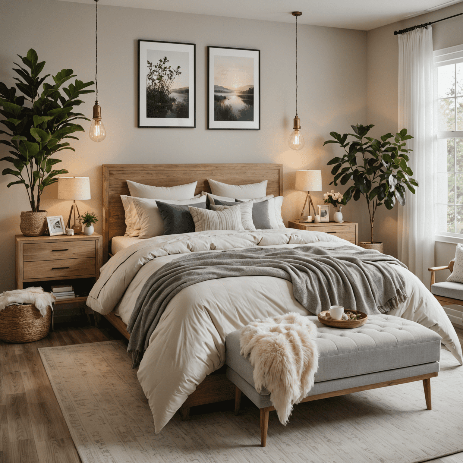 A serene bedroom setting with soft, warm lighting, plush bedding, and calming decor elements like plants and gentle artwork, embodying the perfect environment for restful sleep