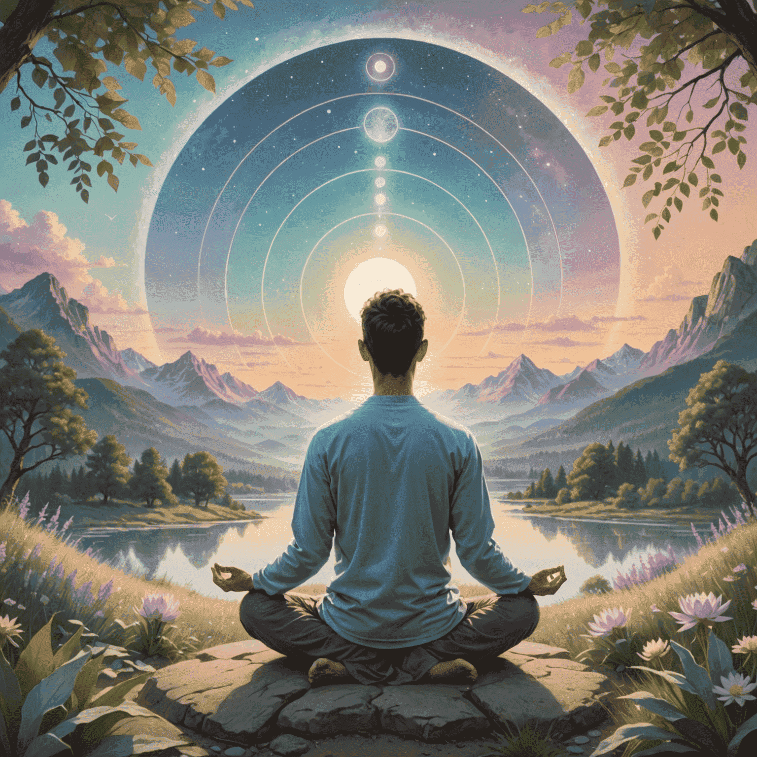 A serene image showing a person peacefully meditating in a natural setting, surrounded by soft pastel colors representing different biorhythm cycles