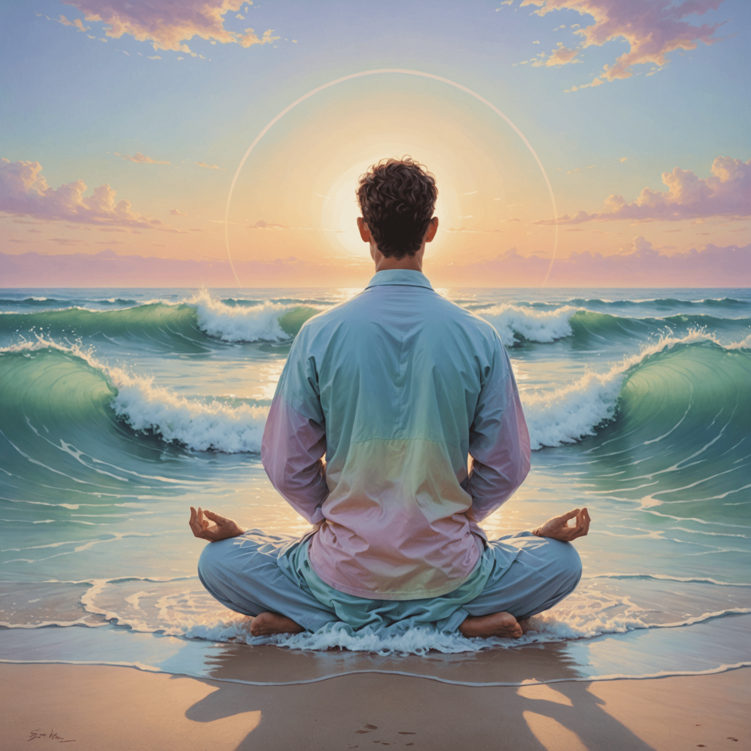 A serene image depicting a person in a meditative pose surrounded by gentle waves representing biorhythms. The background shows a soft gradient of pastel colors, symbolizing the different cycles of biorhythms.