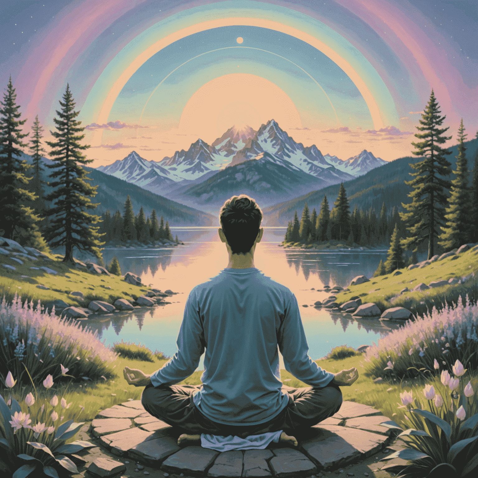 A person peacefully meditating in a serene natural setting, surrounded by soft pastel colors representing different biorhythm cycles