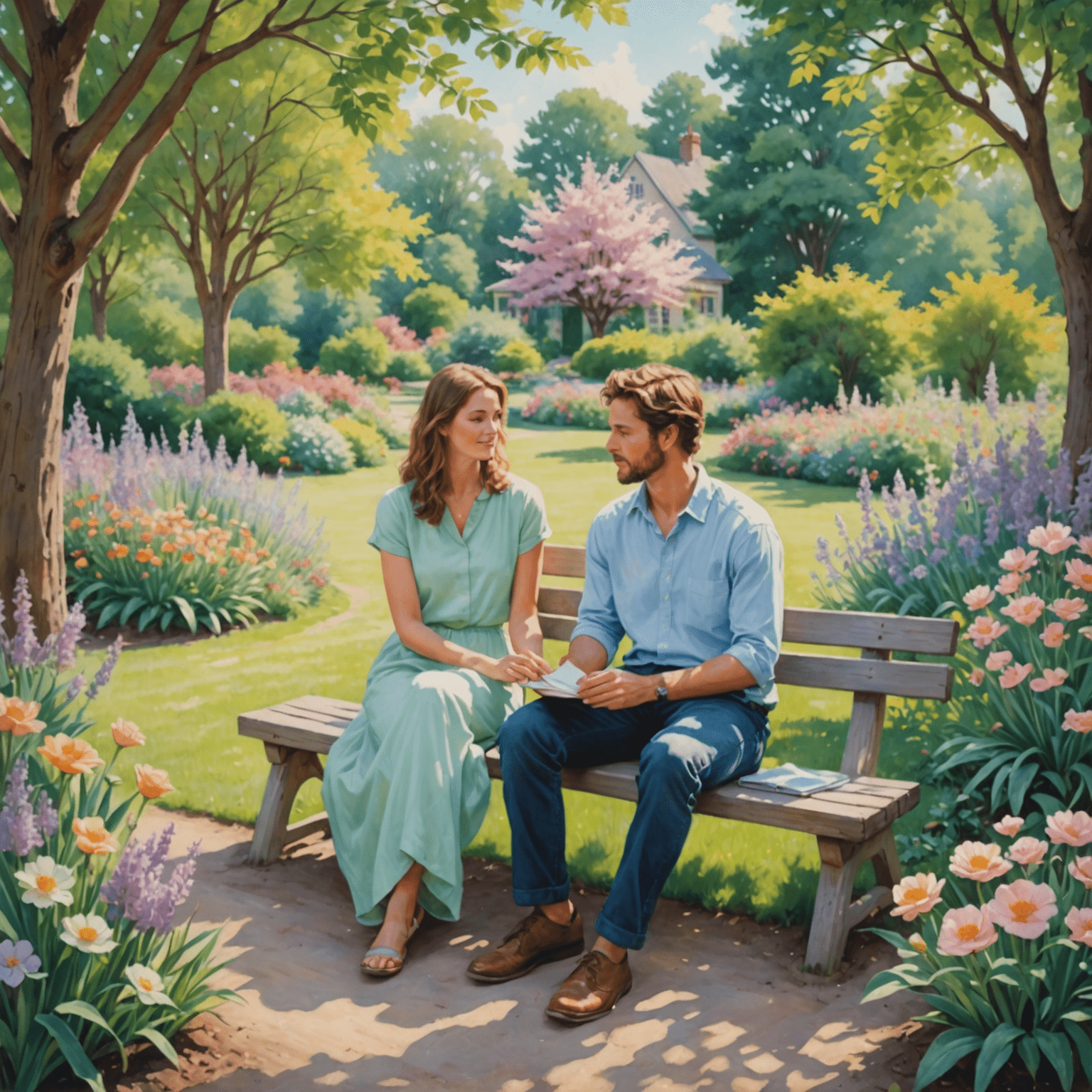 A serene image showing two people sitting together in a peaceful garden, surrounded by soft pastel colors. The scene suggests harmony and connection, illustrating the concept of biorhythms in relationships.