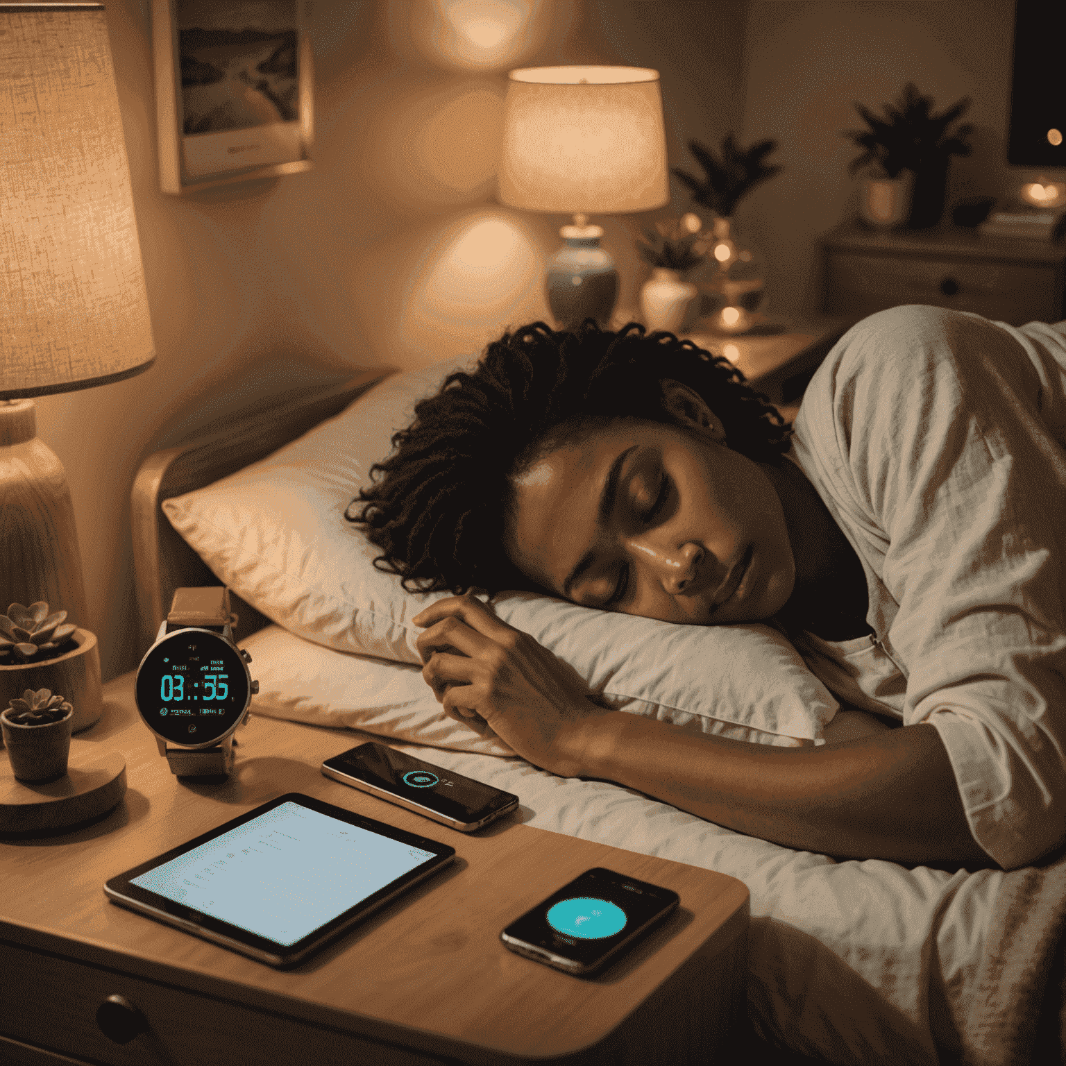 A serene image showing a person peacefully sleeping in a cozy bedroom with soft, warm lighting. Various biorhythm tracking devices are visible on the nightstand, including a smartwatch, sleep tracker, and a journal.