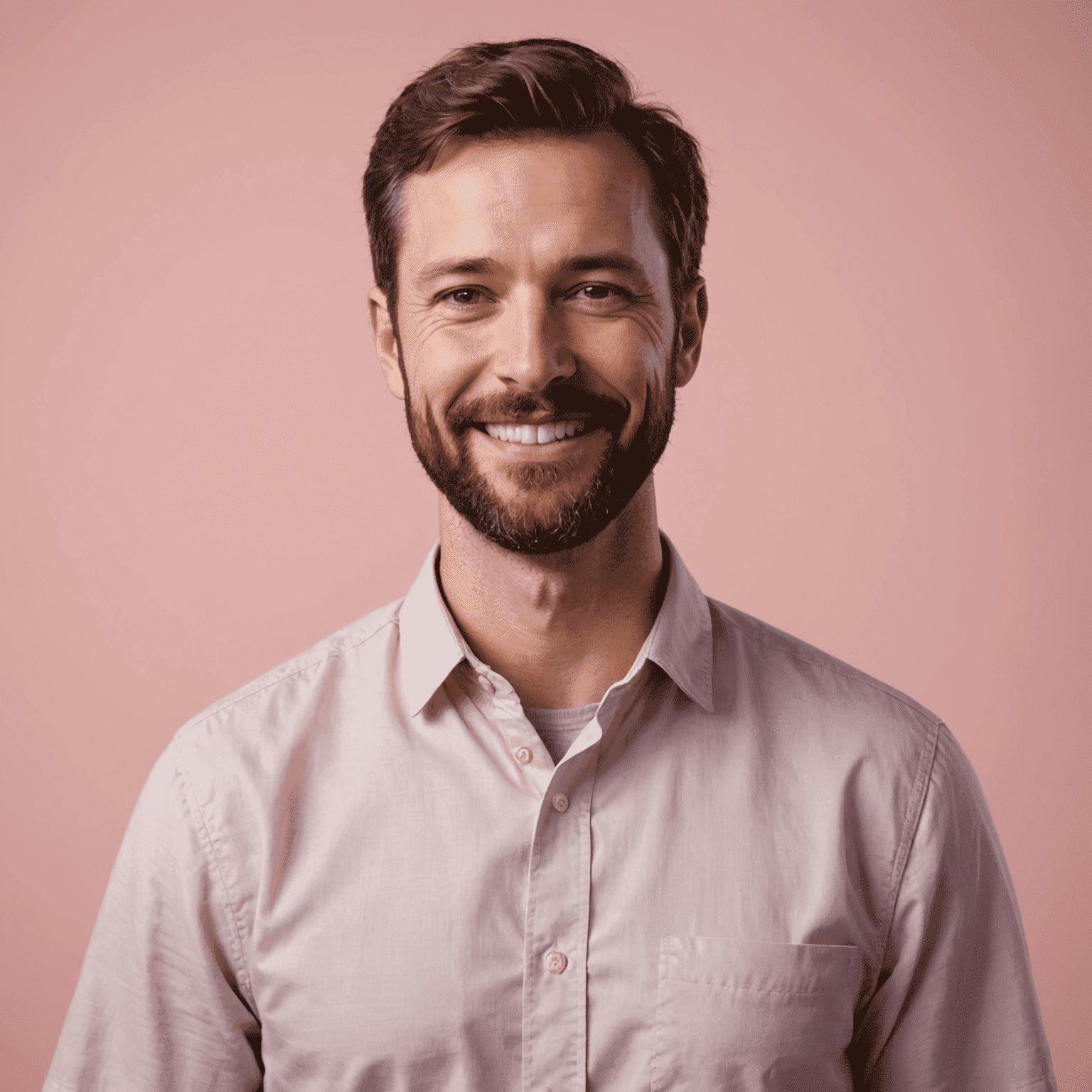 Portrait of Mark Johnson, a circadian rhythm researcher with short brown hair and a beard, wearing a casual button-up shirt, smiling confidently against a soft pink background