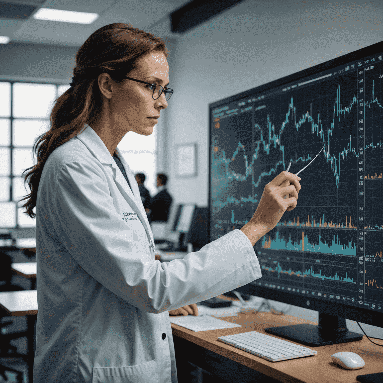 A scientist in a lab coat examining a chart of biorhythm patterns on a large screen