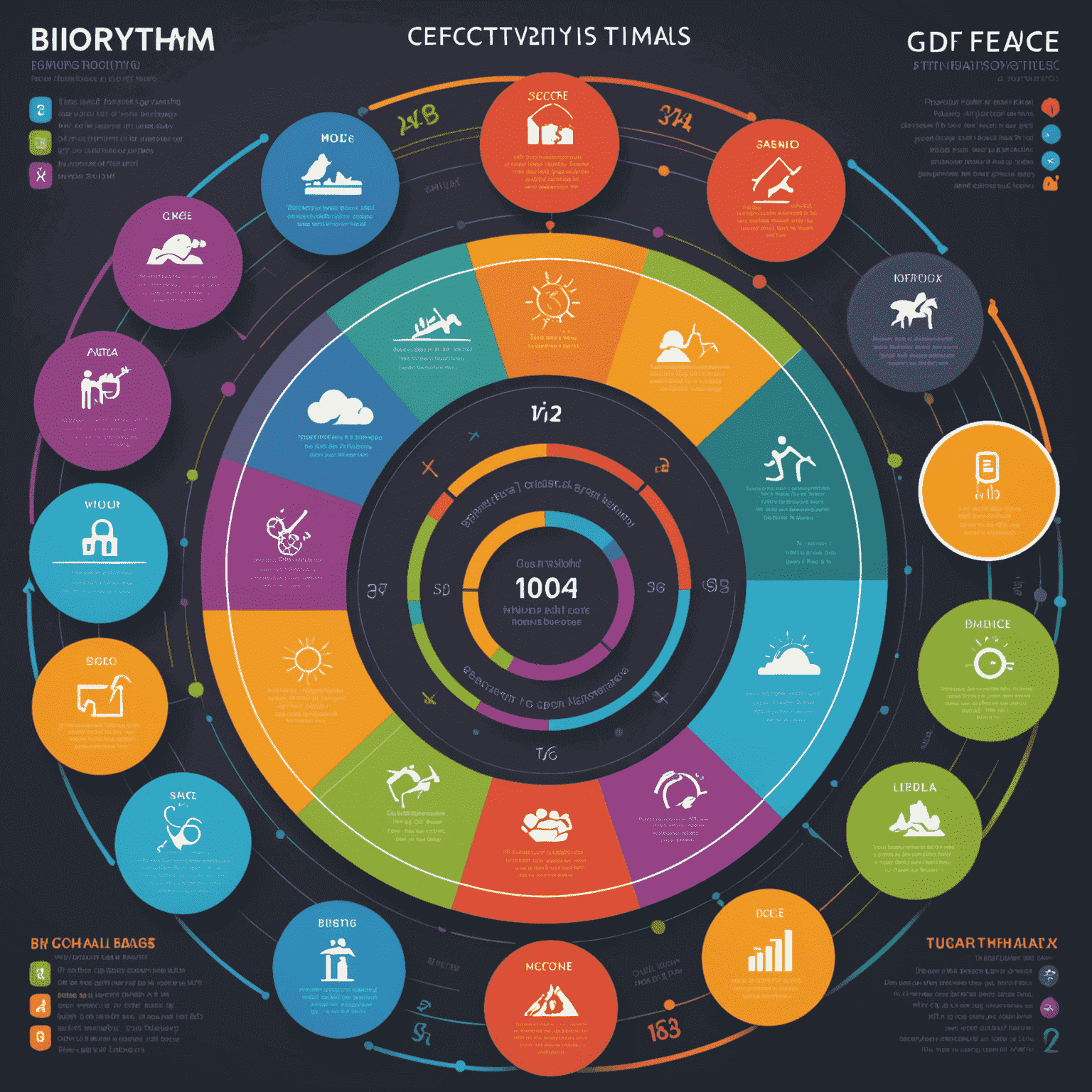 A colorful infographic showing different activities aligned with biorhythm cycles throughout a 24-hour period, emphasizing optimal times for sleep, work, and exercise