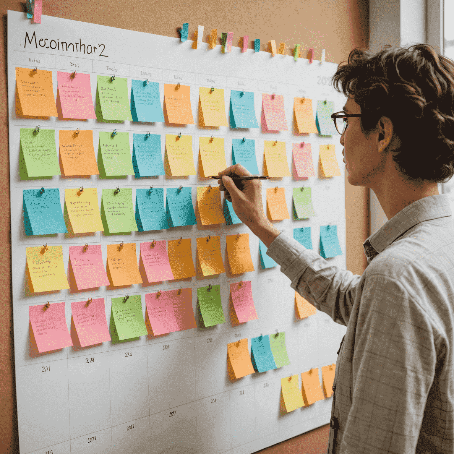 A person arranging colorful sticky notes on a calendar, each note representing different activities aligned with biorhythm cycles