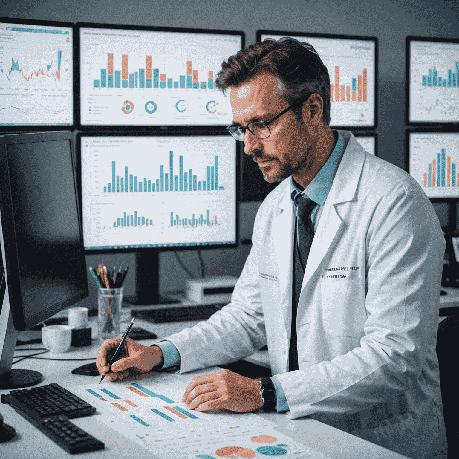 A scientist in a lab coat examining biorhythm data on multiple screens, with soft pastel-colored graphs and charts