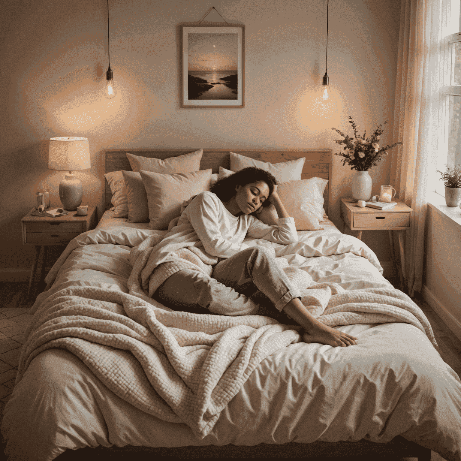 A person peacefully sleeping in a cozy bedroom with soft, warm lighting and pastel-colored decor, emphasizing good sleep habits