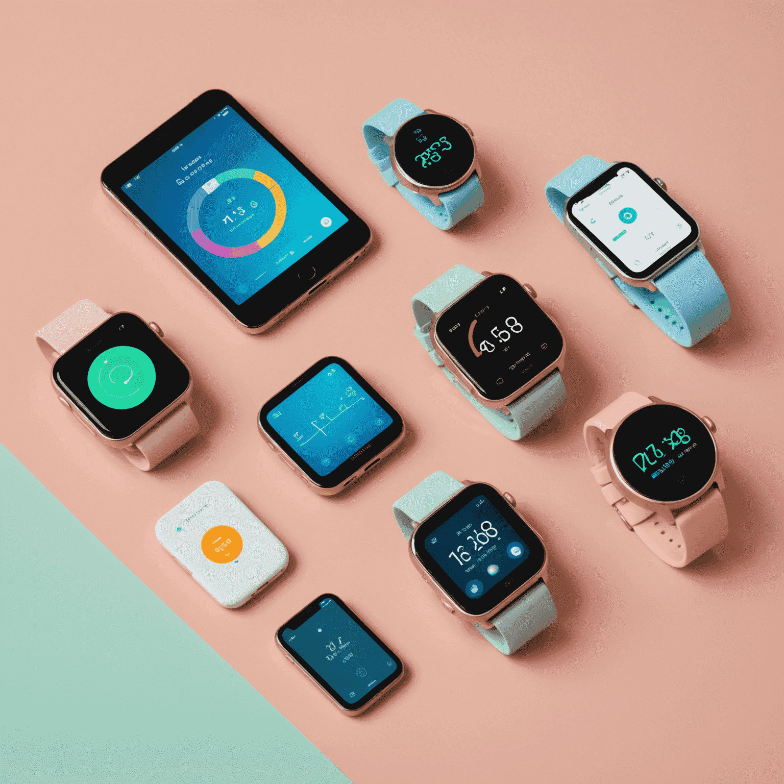 Various biorhythm tracking devices and apps displayed on a soft, pastel-colored background, showcasing sleep tracking features